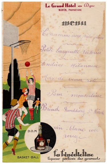 1932 French Dinner Menu featuring women playing basketball early sports