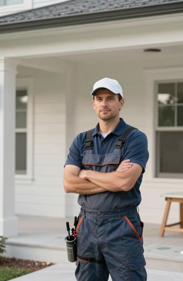 Clean, high-end photography of a professional painting contractor in the US standing proudly in front of a perfectly finished residential project, soft daylight.