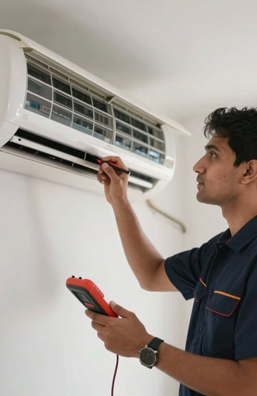 Medium close-up of a professional technician in a clean navy uniform inspecting a modern wall-mounted split air conditioner, holding diagnostic tools, bright natural light, Noida apartment interior.