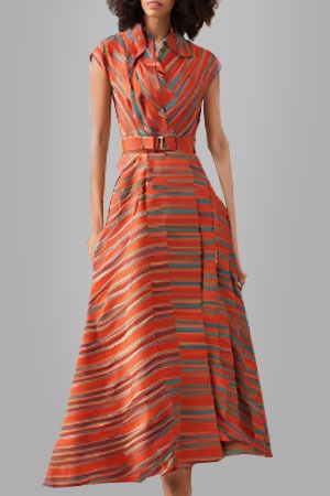 a woman in a striped fabric dress with a belted belt