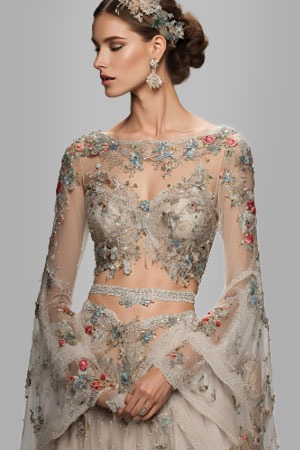 a woman in a white dress made by Embroidered and Beaded Lace Fabrics