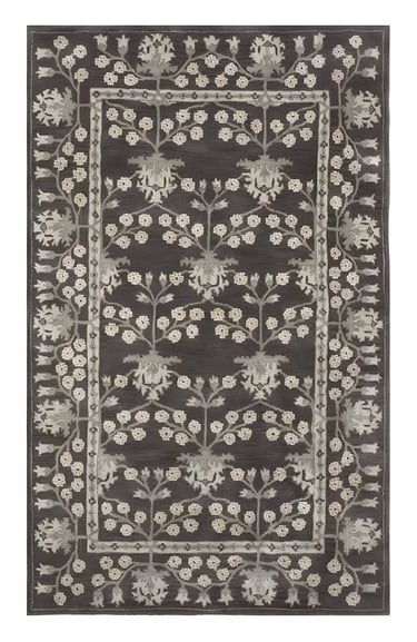 Traditional heritage floral border hand-tufted rug in charcoal grey and cream from Shreempex India