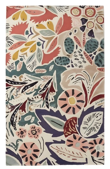 Modern abstract botanical floral hand-tufted rug in terracotta and mustard from Indian exporter