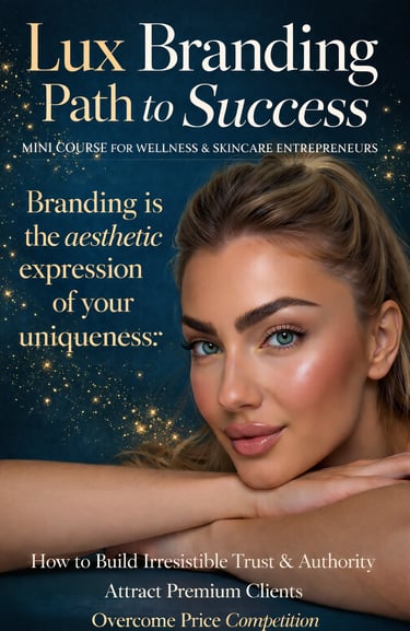 Luxury wellness branding course cover featuring a glowing skincare model with flawless skin, soft 