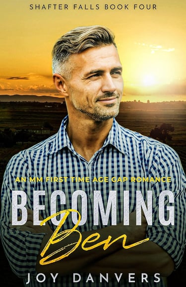 Book cover of Becoming Ben by Joy Danvers. A handsome middle aged man in a plaid collared shirt.