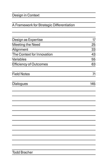 Book cover of Design in Context by Todd Bracher, a simple table-of-contents list of design topics.