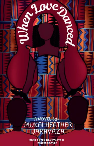 Book cover of When Love Danced by Mukai Heather Jaravaza, a brown-skinned woman in a colorful dress.