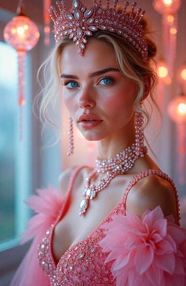 a beautiful nordic woman in a pink dress