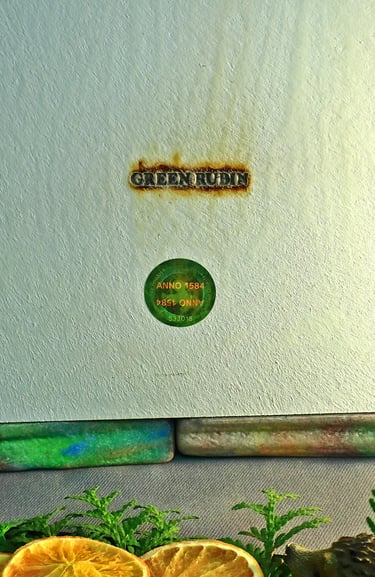 Nahaufnahme des eingebrannten GREEN RUBIN Markennamens und einem Echtheitssiegel