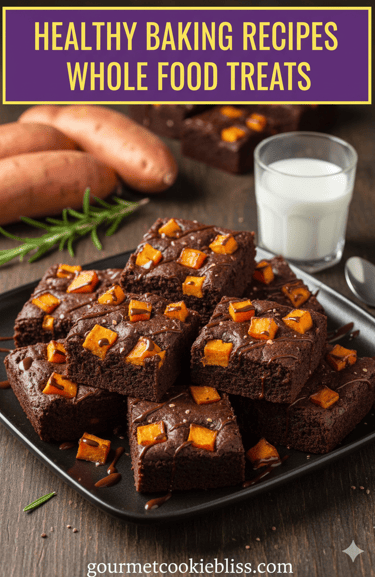 A platter of moist, dark brownies with prominent sweet potato pieces and a glass of milk.