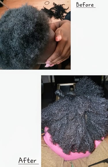 a woman with a black afro hair and a pink chair