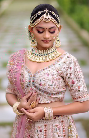 Indian bride in pink white lehenga with elegant bridal makeup, hairstyle, and traditional jewelry.