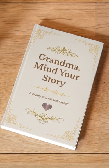 Grandma Mind Your Story guided journal with gold filigree on a light wood surface.