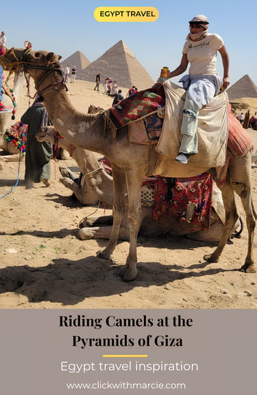 Pinterest travel pin featuring a woman riding a camel at the Pyramids of Giza by Click With Marcie