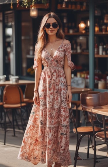 A vibrant photo of a woman confidently styling an outfit in front of a full-length mirror with natural light.