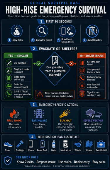 High-rise emergency survival guide infographic showing evacuation steps, safety actions, and go-bag essentials.