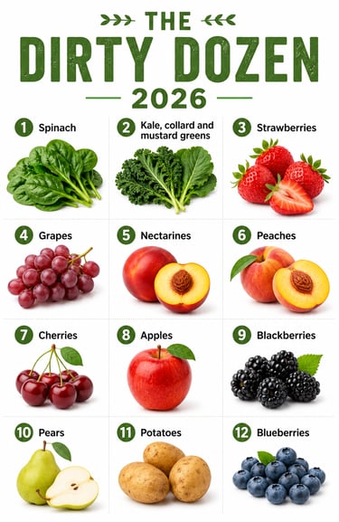 The Dirty Dozen 2026 list featuring 12 fruits and vegetables with high pesticide residue like spinach, strawberries, and
