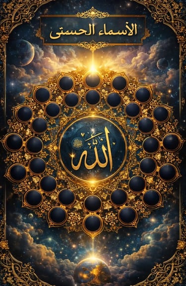 Celestial golden Islamic calligraphy showing 99 names Al-Asma al-Husna arranged , set within luminous cosmic sky masterpiece 