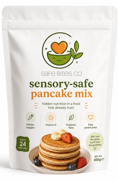 a package of sensory-friendly nutrient-rich pancake mix