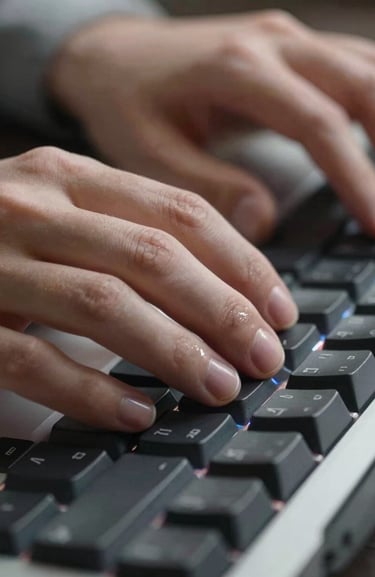 Close-up of hands resting on a mechanical keyboard, screen glow reflecting off fingertips, a tool interface visible in soft focus behind — clean studio key light, cropped tight to show the action