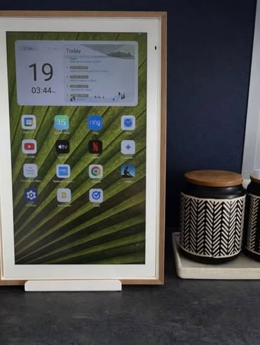 Digital Calendar showing home dashboard apps on a kitchen counter