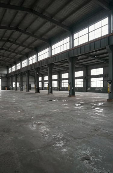 Wide panoramic interior of a large vacant warehouse in an industrial zone near Vadodara, overcast daylight streaming through high clerestory windows, concrete floor stretching into deep background, loading bay doors visible to the far left, industrial scale and emptiness foregrounded