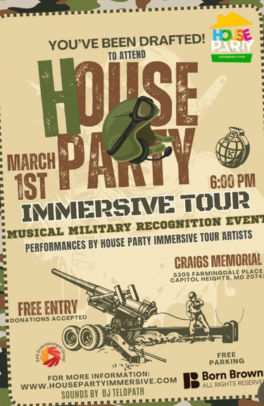 House Party Immersive Tour poster for a military recognition musical event on March 1st in Capitol Heights.