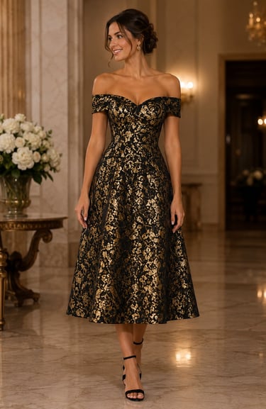 A-Line metallic midi formal off the shoulder cocktail dress