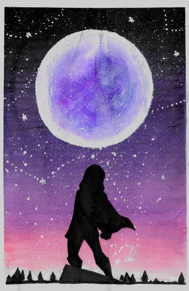 a lone rogue on a hill gazing in the nigh at the full moon in the purple sky