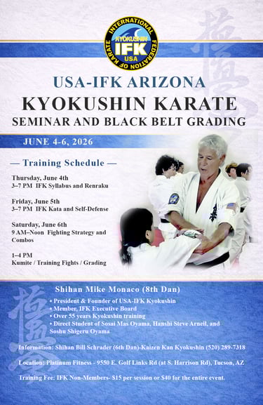 Flyer for USA-IFK Kyokushin Arizona seminar and black belt grading with Shihan Mike Monaco, June 4–6, 2026.