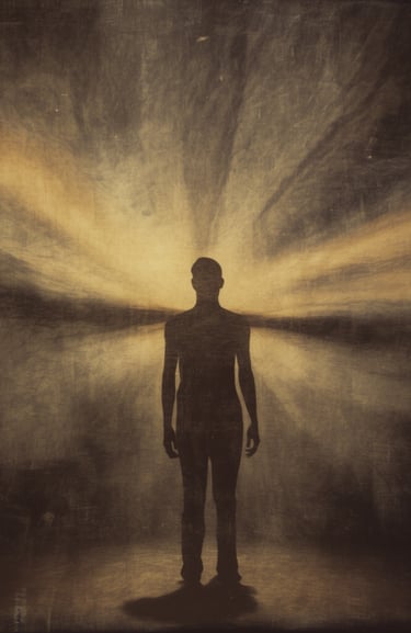 Silhouet in een veld van licht dat innerlijke kracht en bewustwording uitstraalt.