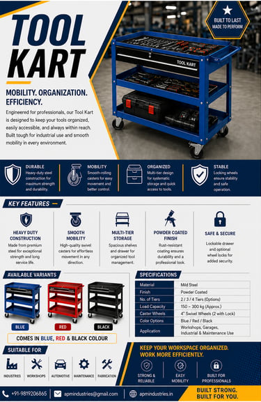 Blue heavy-duty industrial tool kart with wheels, tiered storage shelves, and a locking drawer for workshop organization.