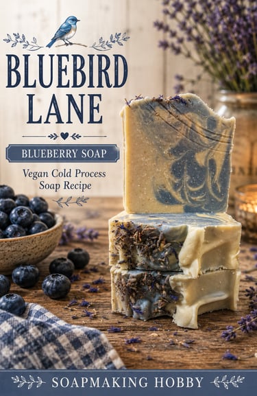 Stacked bars of handmade blueberry vegan cold process soap with dried lavender and fresh blueberries.