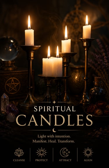 Spiritual candles burning on an altar with crystals and a crystal ball for manifestation and healing.