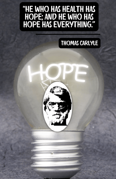 A sketch of a bust of Thomas Carlyle inside a lightbulb with "HOPE" in a neon light and his quote.