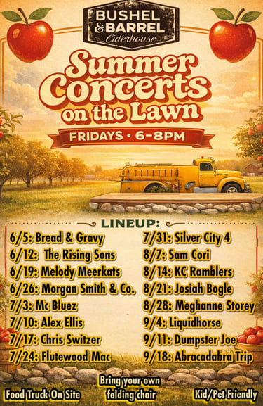 Promotional poster for Summer Concerts on the Lawn at Bushel and Barrel Ciderhouse with a full band lineup.