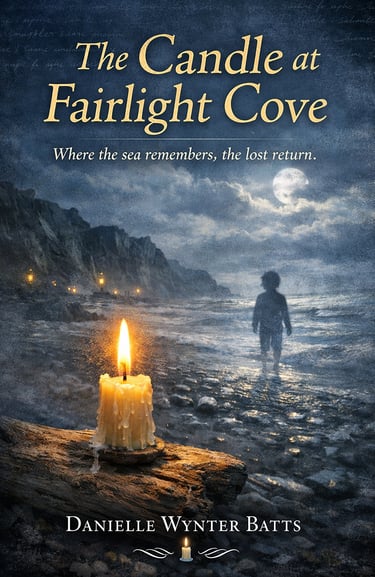 Moonlit coastal scene with a child facing the sea and a glowing candle on the shore