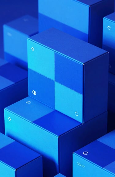 Vibrant studio photography of modern luxury product boxes stacked with sharp geometric shadows, saturated electric blue gel lighting