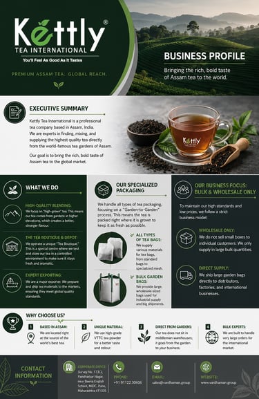 Kettly Tea International business profile flyer featuring Assam tea details, wholesale services, and contact information.