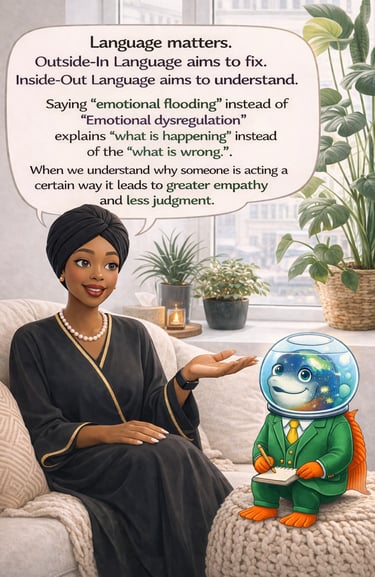A woman explains empathy and emotional flooding to a goldfish therapist in a cozy room.