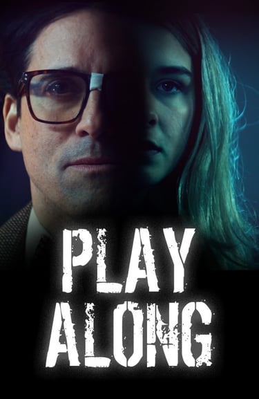 Play Along movie poster featuring a man in glasses and a blonde woman in dramatic blue lighting.