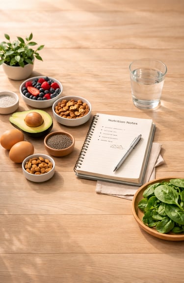 alimentos saludables sobre mesa de madera clara con aguacate, huevos, frutos rojos, frutos secos y h