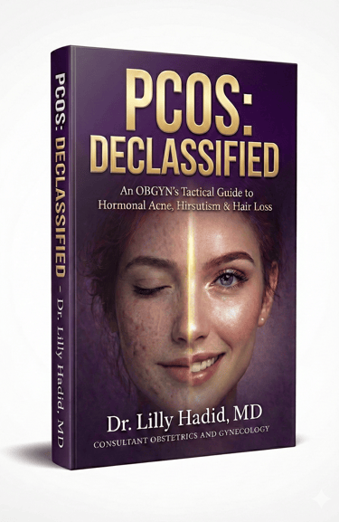 PCOS: Declassified book cover by Dr. Lilly Hadid MD, a guide to hormonal acne, hirsutism, and hair loss.