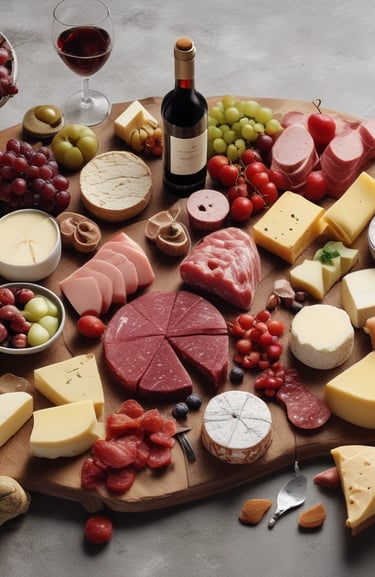 Close-up of artisanal cheeses with varied fillings on a rustic wooden board