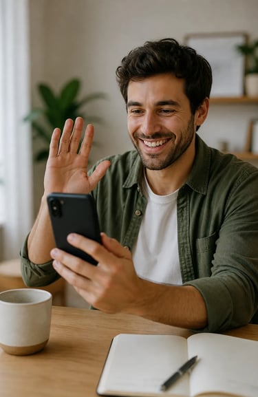 Homme souriant en visio sur son smartphone, tenant son téléphone à la main, dans un environnement lumineux et détendu.