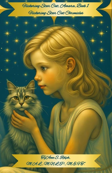 Fantasy book cover of Flickering Star Cat featuring a blonde girl and a grey cat under a starry night sky.
