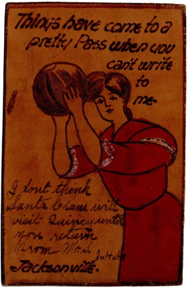 1905 Rare Leather Postcard of Woman holding a basketball
