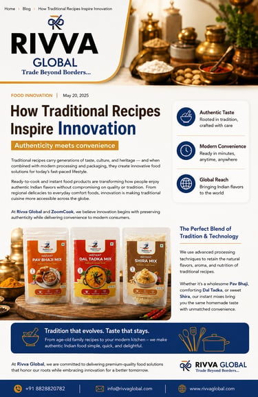 Infographic for Rivva Global showcasing instant Pav Bhaji, Dal Tadka, and Shira food mixes with traditional Indian recipes.