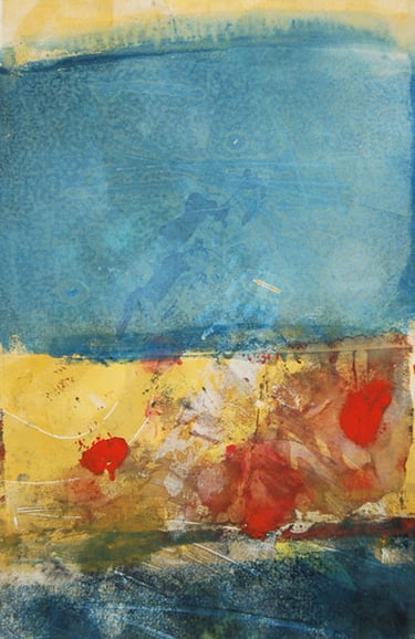 abstract monoprint of blue yellow and red