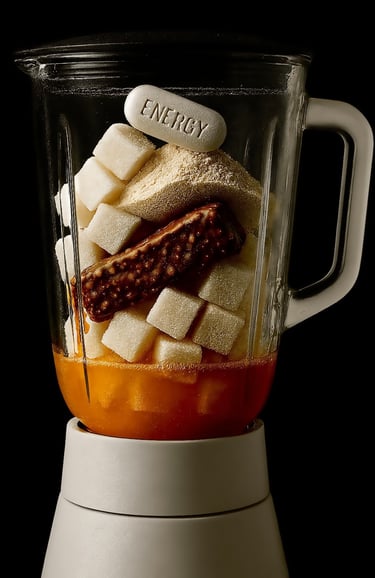 Blender vol suiker en pillen als contrast met puur Triton Alpenwater
